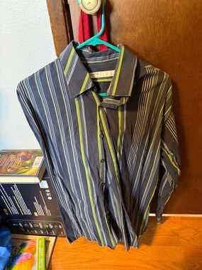 Perry Ellis Men's Charcoal Button-Down Shirt with Lime and Gray Stripes